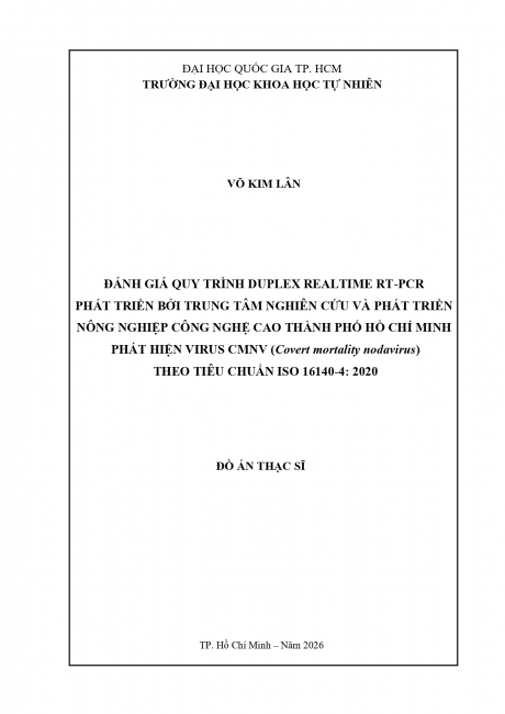 Đánh giá quy trình duplex realtime RT-PCR phát triển bởi Trung tâm Nghiên cứu và Phát triển Nông nghiệp Công nghệ cao Thành phố Hồ Chí Minh phát hiện virus CMNV (Covert mortality nodavirus) theo tiêu chuẩn ISO 16140-4: 2020